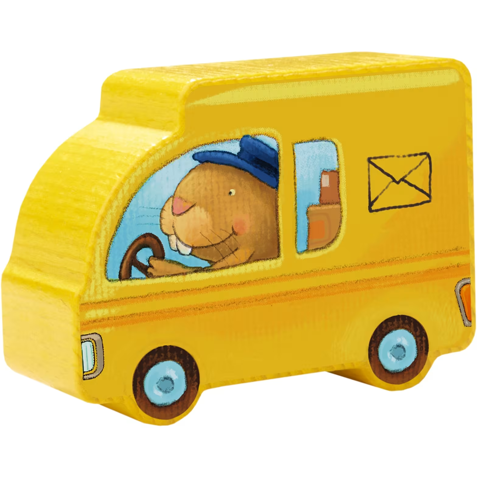 Egy sárga játék postakocsi, benne egy hód vezet.