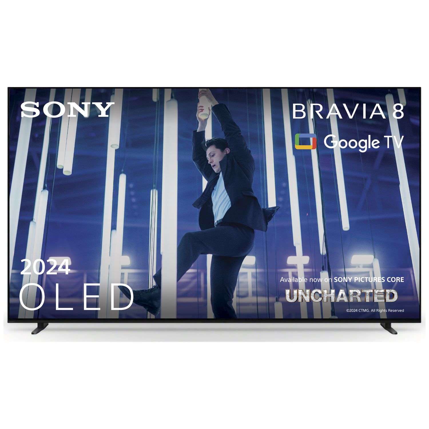 Sony Bravia 8 OLED TV toont een man die zich vasthoudt. Uncharted.