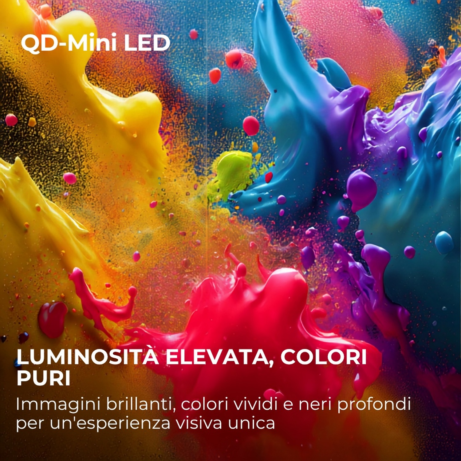 QD-Mini LED: Schizzi di vernice gialla, blu e viola. Immagini luminose, colori puri.