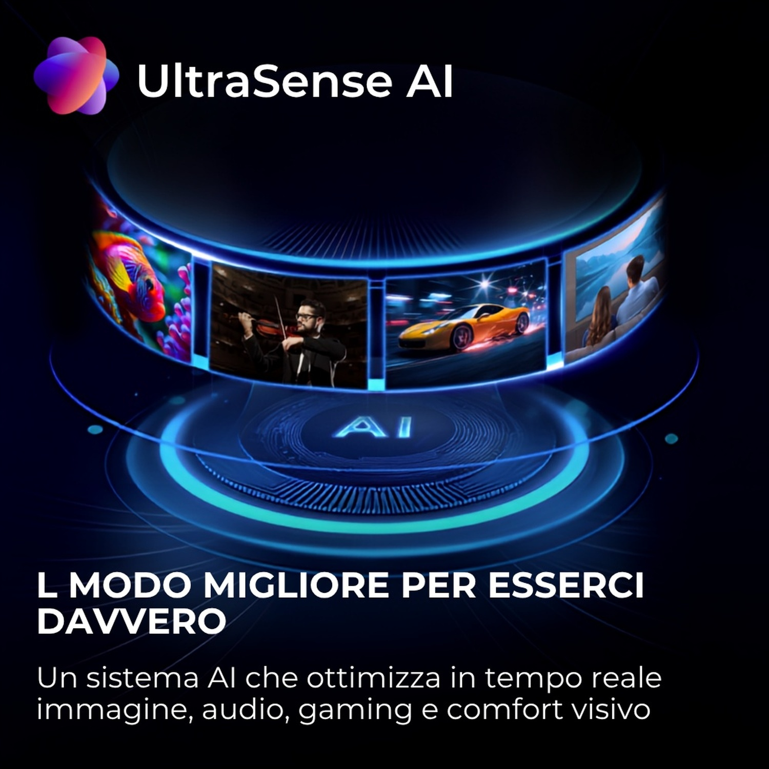 UltraSense AI con pesce, violinista, auto e coppia sullo schermo