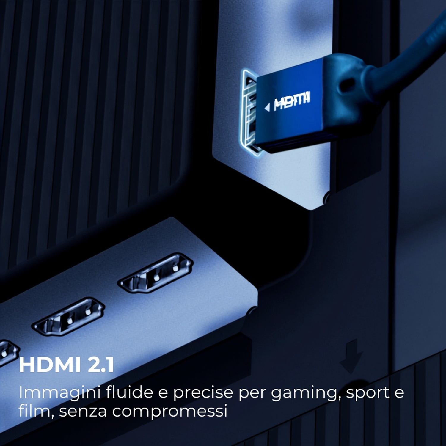 Un cavo HDMI 2.1 blu è collegato a una porta. Sono visibili più porte.