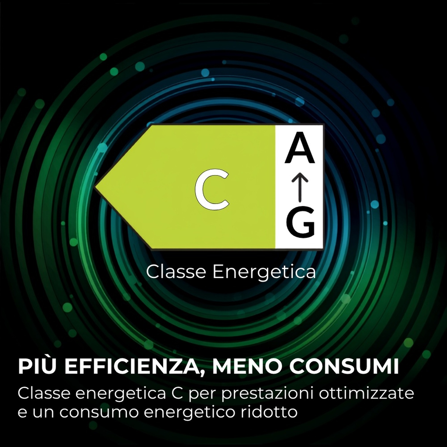 Etichetta classe energetica C, con freccia da A a G. Più efficienza, meno consumi.