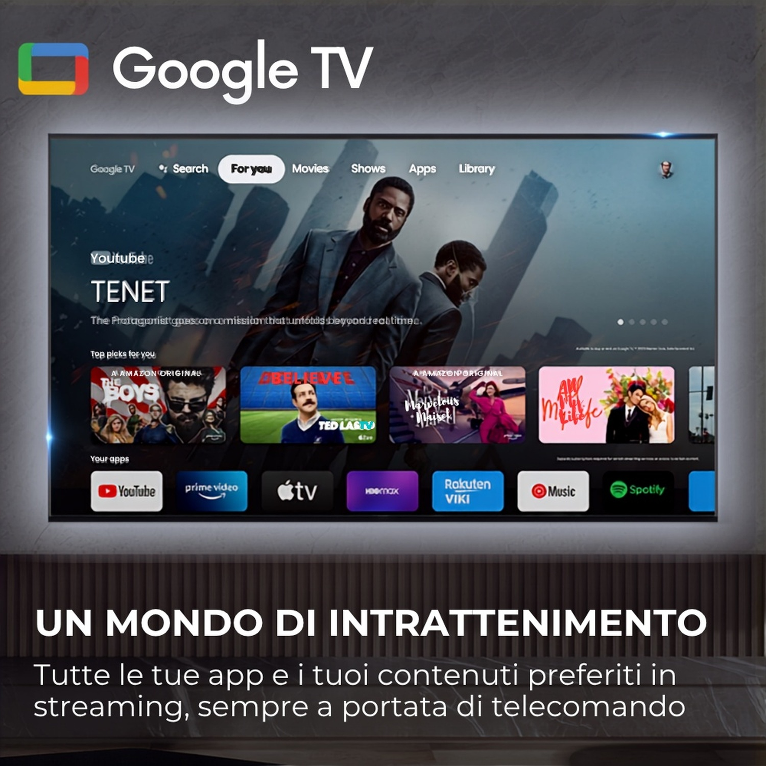 Schermata principale di Google TV con film e app, tra cui Tenet e The Boys.