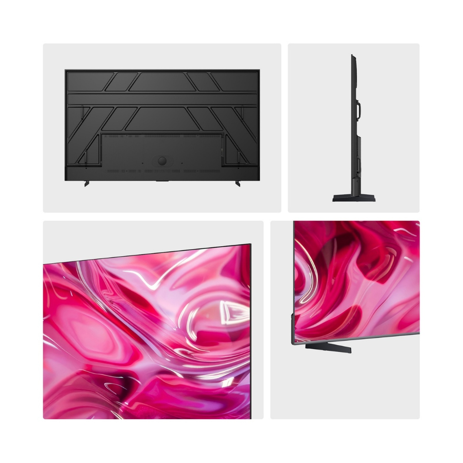 Vista posteriore e laterale di una TV sottile con motivo astratto sullo schermo.