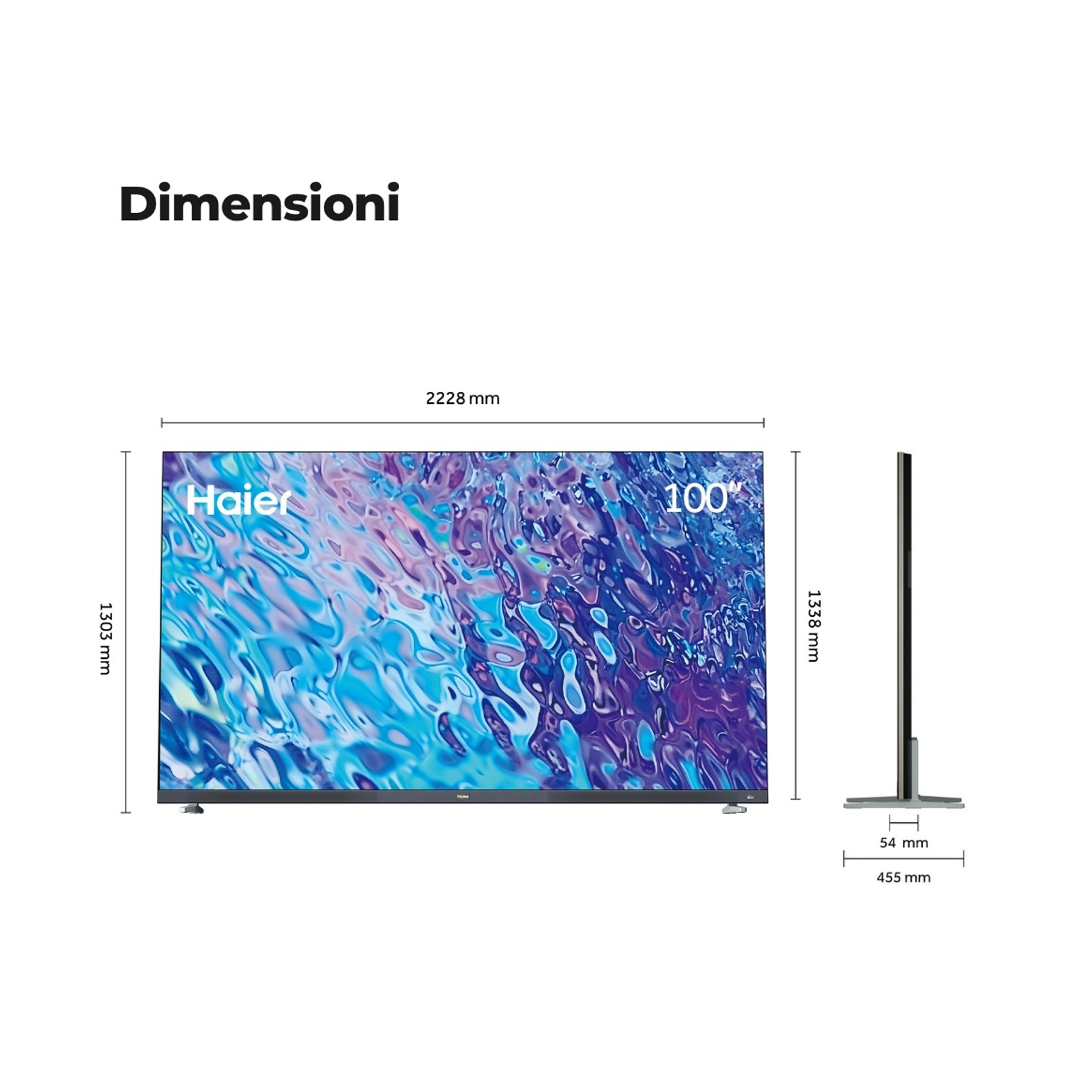 Una TV Haier da 100 pollici con motivi astratti blu e viola. Dimensioni: 2228x1303x54mm.