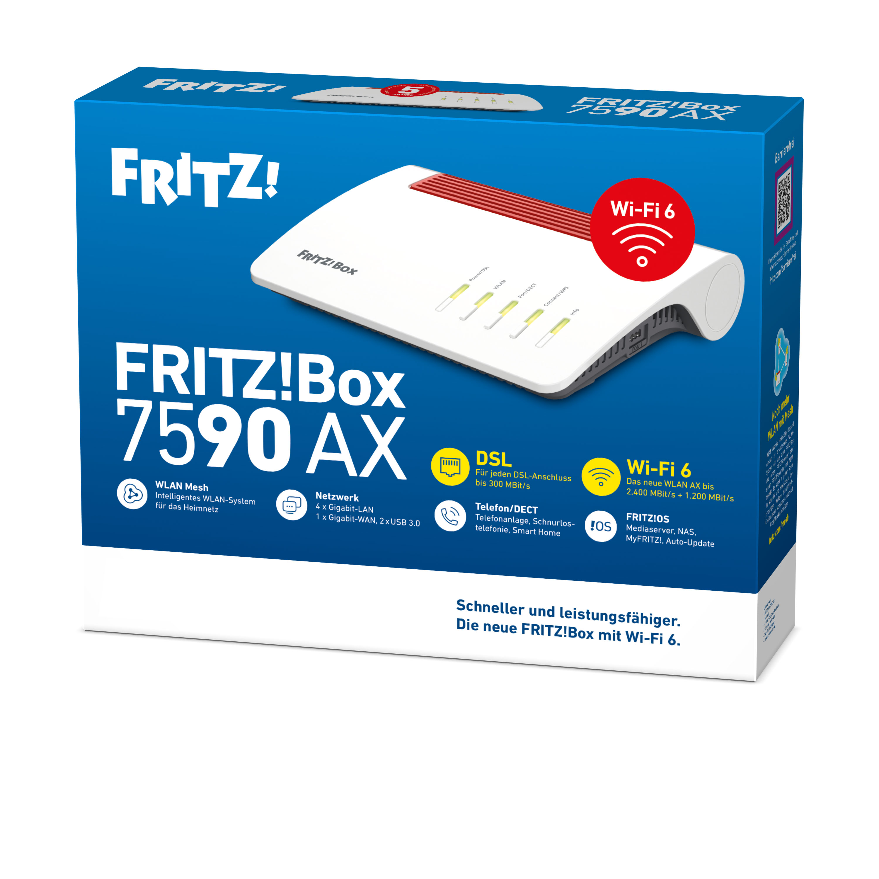 FRITZ!Box 7590 AX Router mit Wi-Fi 6, DSL-Anschluss, LAN, USB.