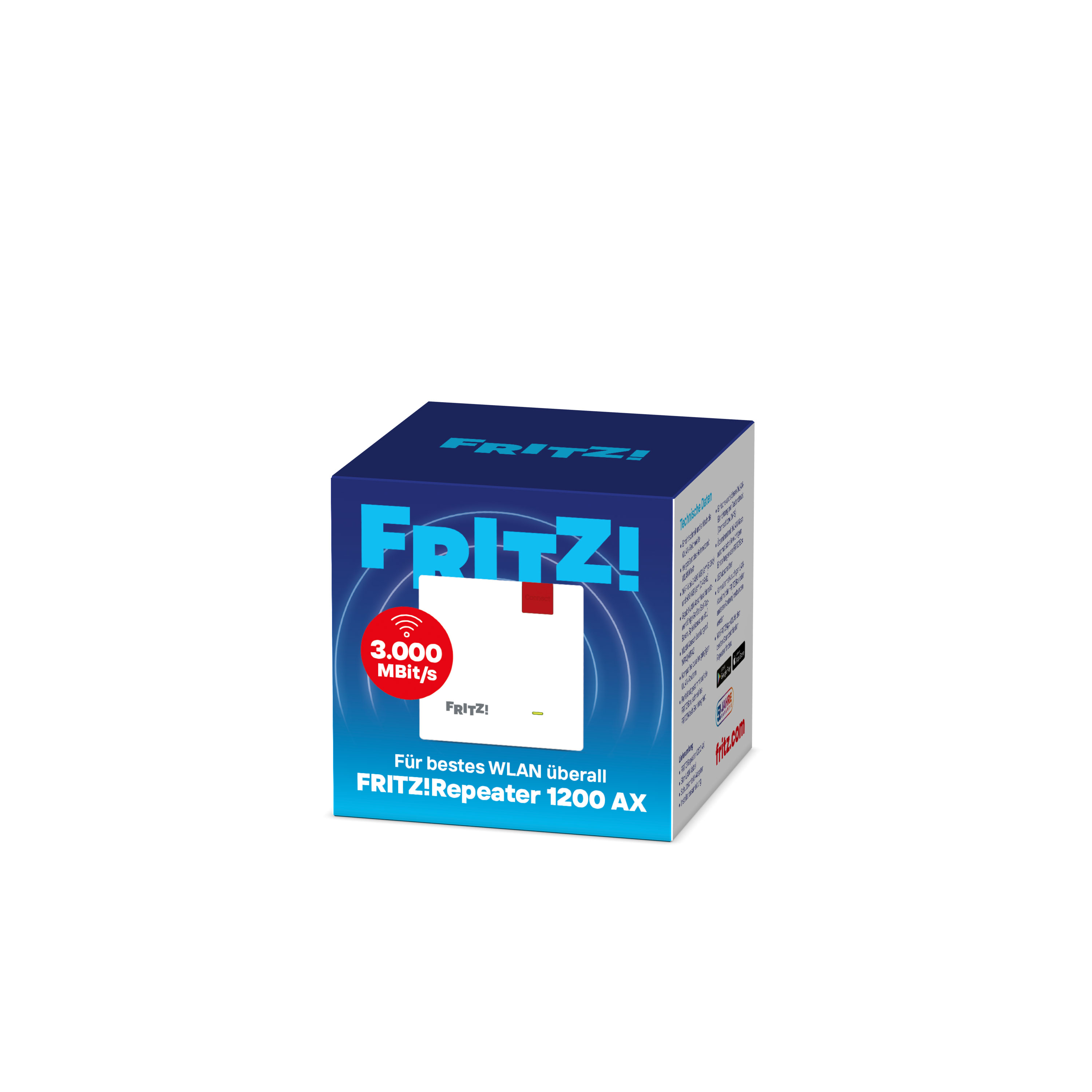 FRITZ!Repeater 1200 AX Verpackung mit 3000 MBit/s und FRITZ! Logo.