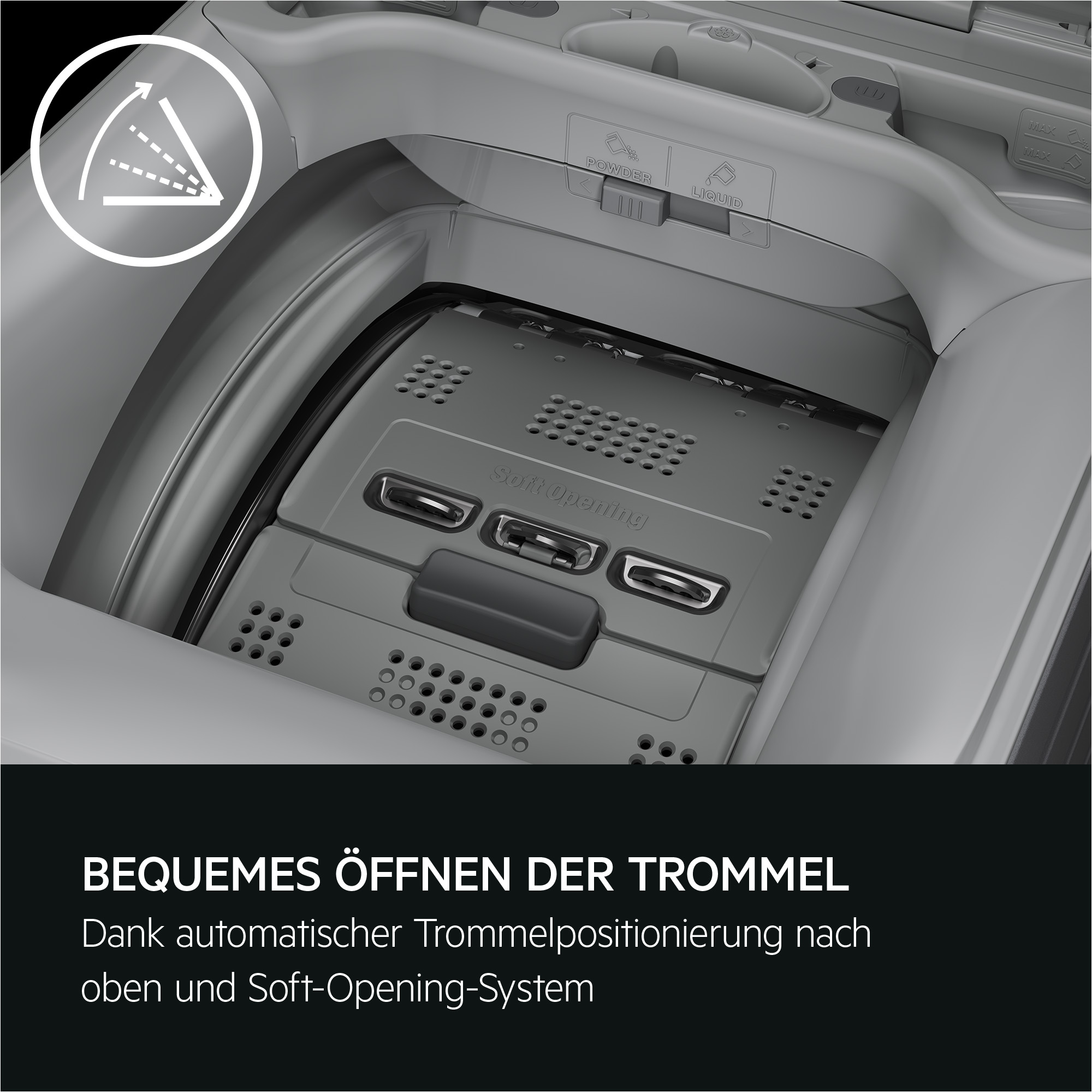 Innenansicht einer Waschmaschine mit Sieb und Fächern für Pulver und Flüssigwaschmittel.