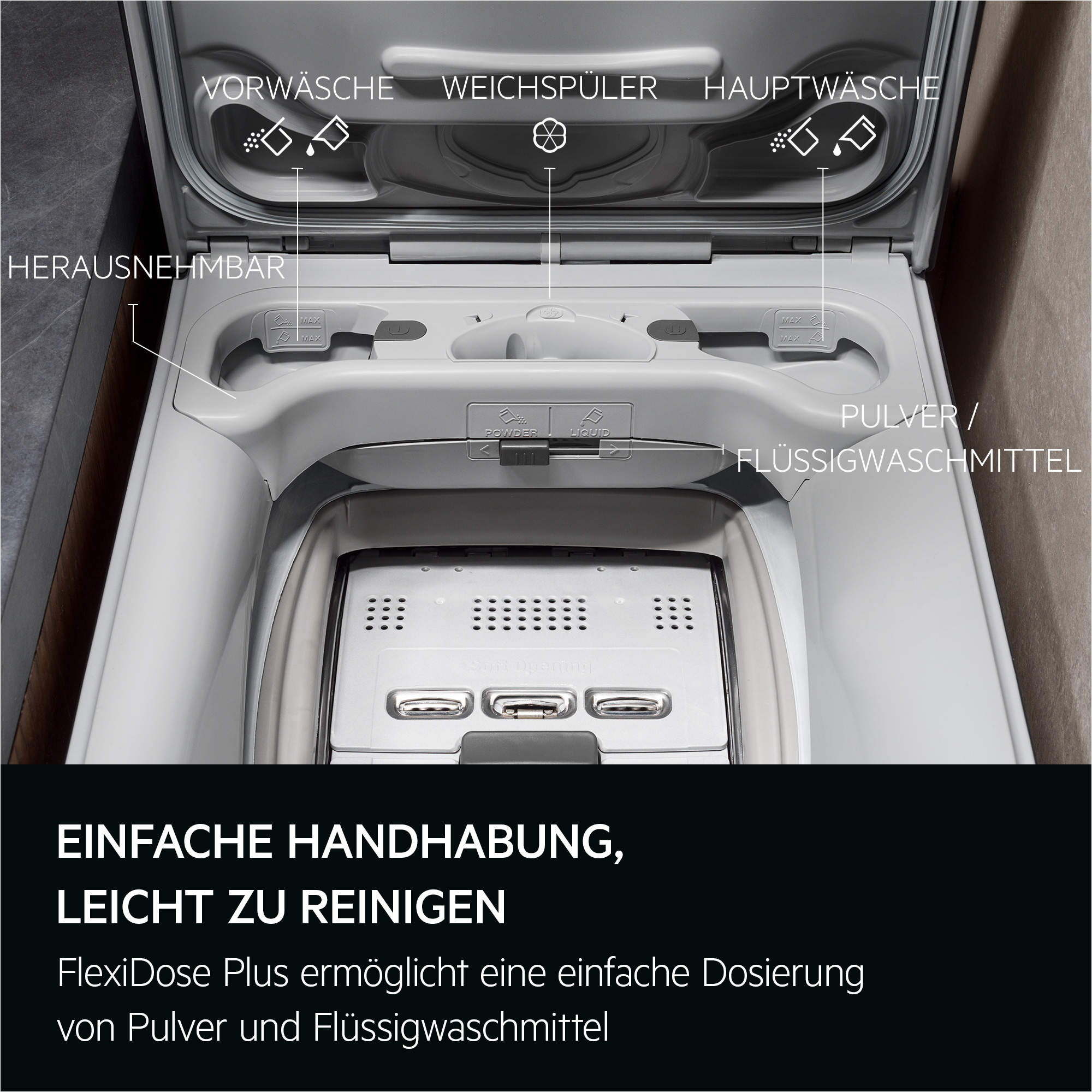 Offene Waschmittelschublade eines Geräts mit Fächern für Vorwäsche, Weichspüler und Hauptwäsche.