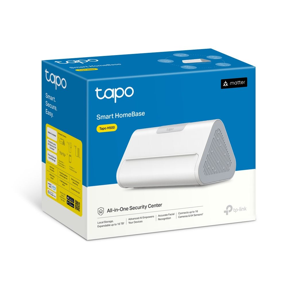 Caja Tapo Smart HomeBase H500 con imagen del dispositivo. Caja azul, dispositivo blanco.