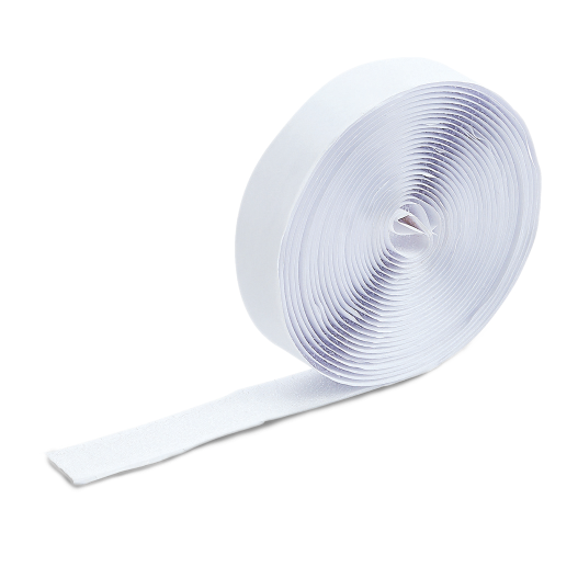 Un rollo de cinta de velcro blanca con una tira desplegada.