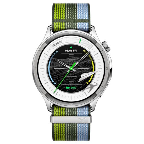 Reloj inteligente plateado con correa de tela colorida y esfera de avión.