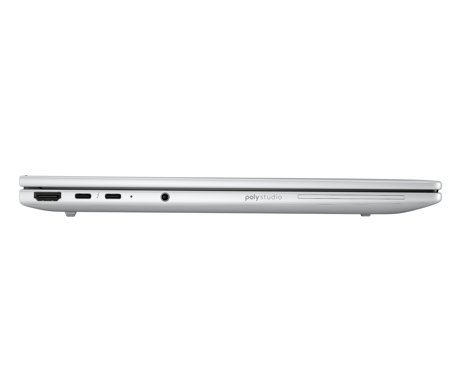 Perfil de portátil plateado con puertos: HDMI, Thunderbolt, USB-C, conector de audio.