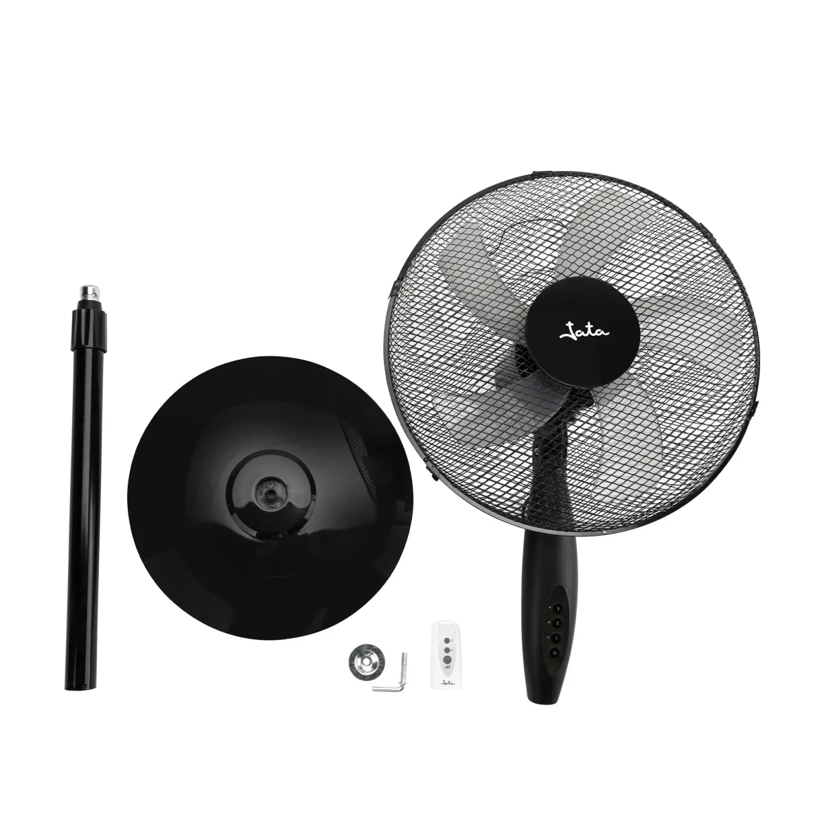 Un ventilador de pie negro con accesorios, incluida la base, el mando a distancia y la herramienta.