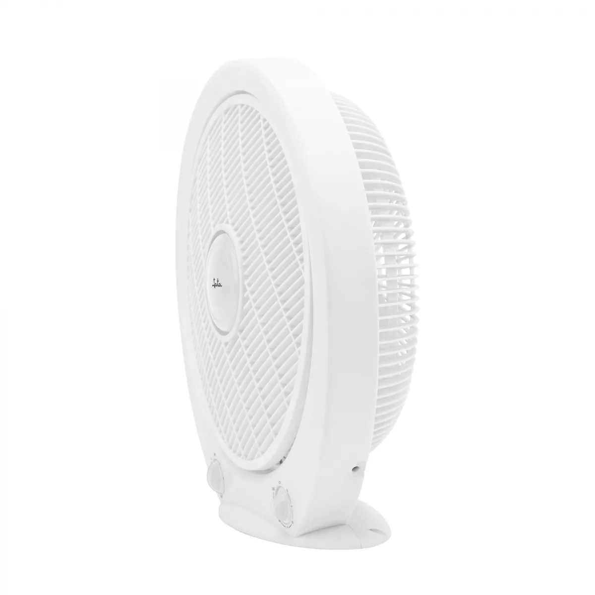 Un ventilador de mesa blanco con rejilla y controles, visto de lado.