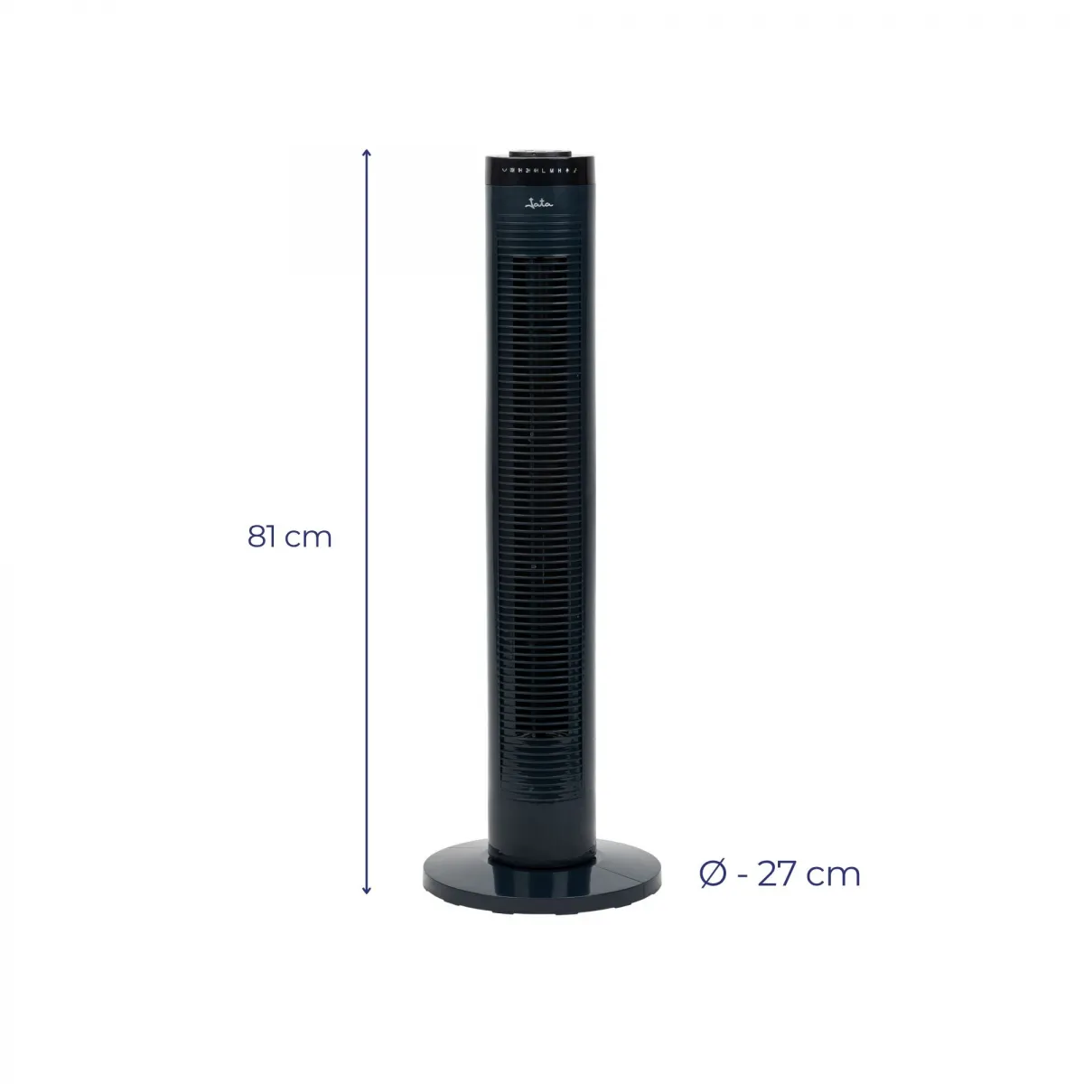 Un ventilador de torre alto y oscuro, de 81 cm de alto y 27 cm de diámetro.