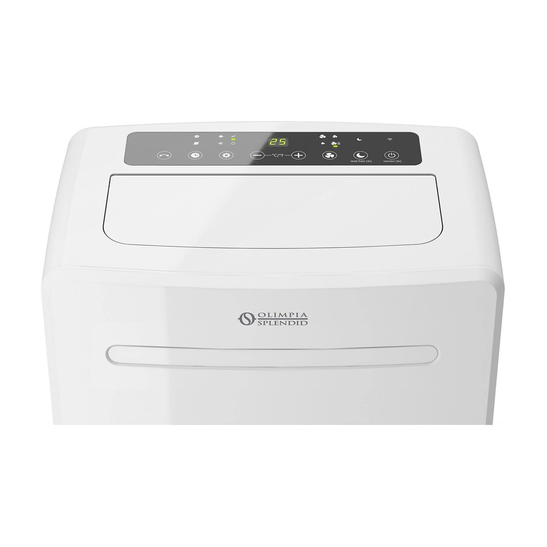 Un aire acondicionado blanco con pantalla digital de 25°C y botones.