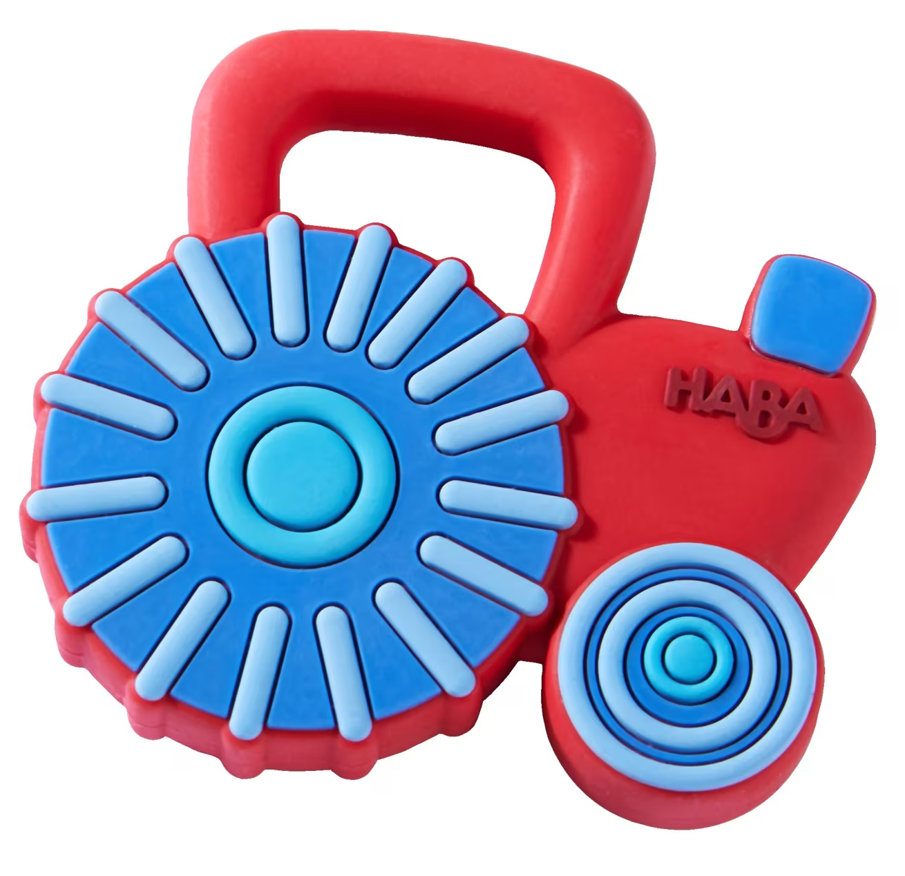 Piros traktor játék kék kerekekkel és HABA logóval.