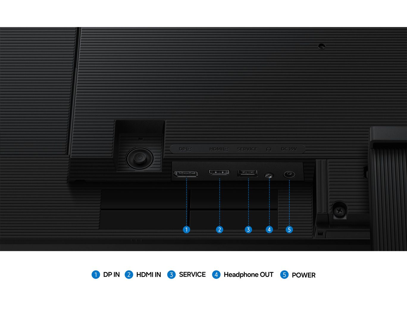 Anschlussseite eines Monitors mit Anschlüssen: DP IN, HDMI IN, Service, Kopfhörerausgang, Strom.