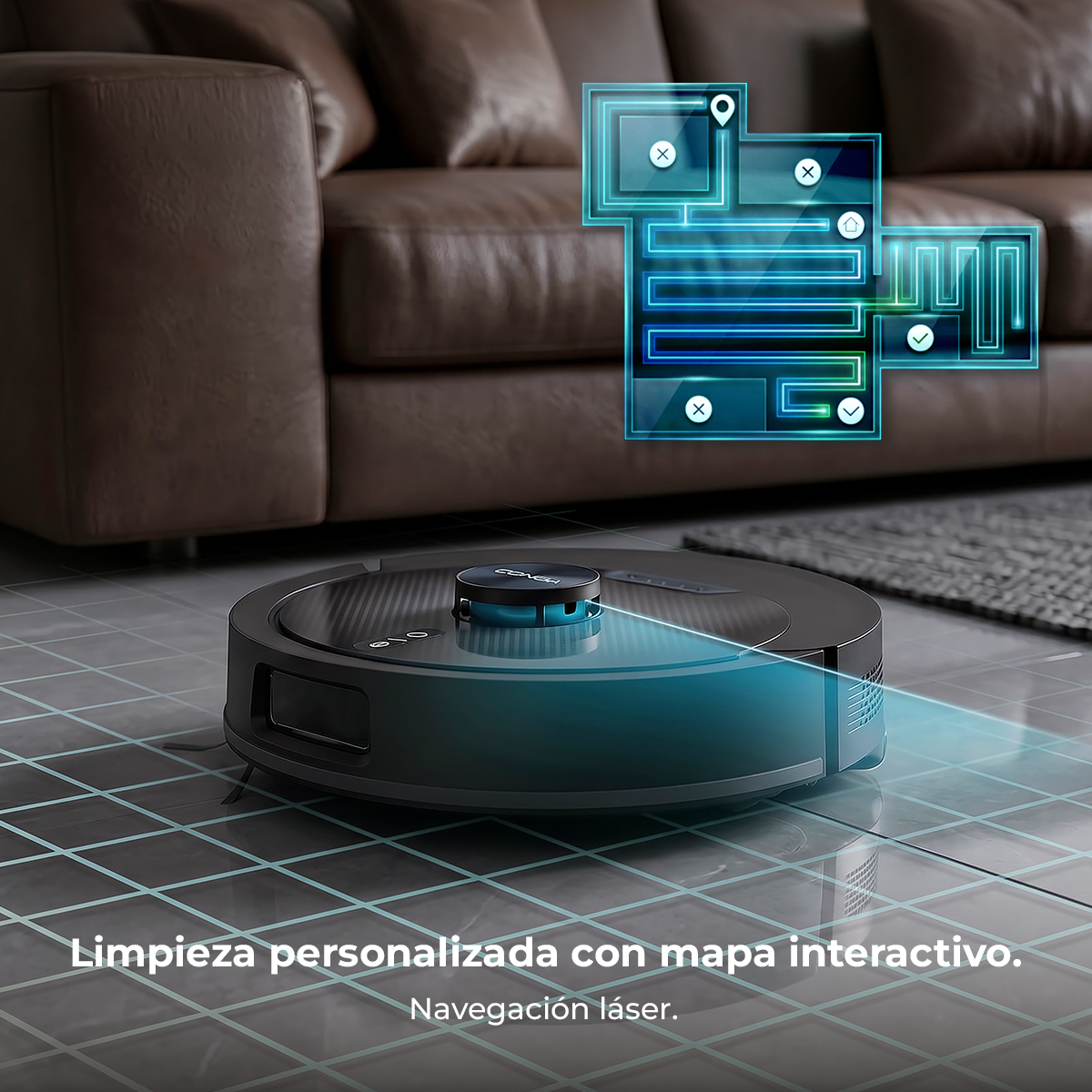Un robot aspirador con navegación láser en suelo de baldosas, mostrando un mapa digital del área de limpieza.