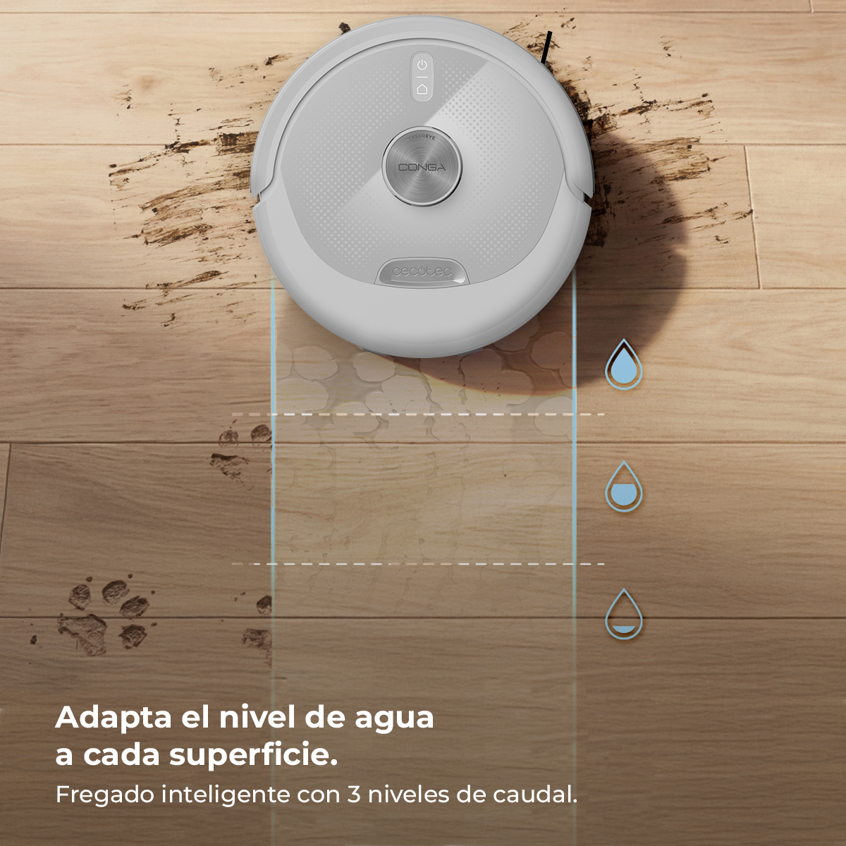 Un robot aspirador blanco limpia un suelo de madera con marcas de suciedad e indicadores de agua.