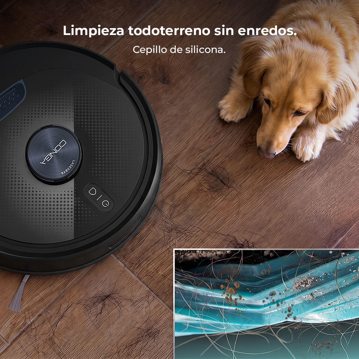 Un robot aspirador limpia un suelo de madera, un perro yace cerca. Primer plano muestra pelo.