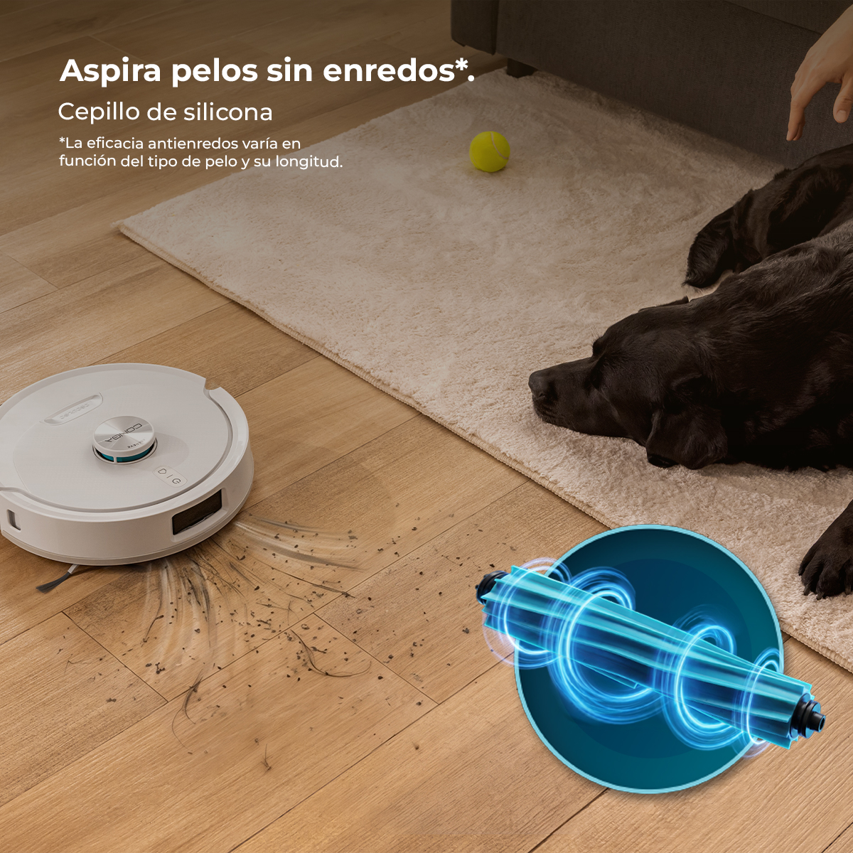 Un robot aspirador blanco limpia un suelo de madera, con un perro negro descansando cerca.