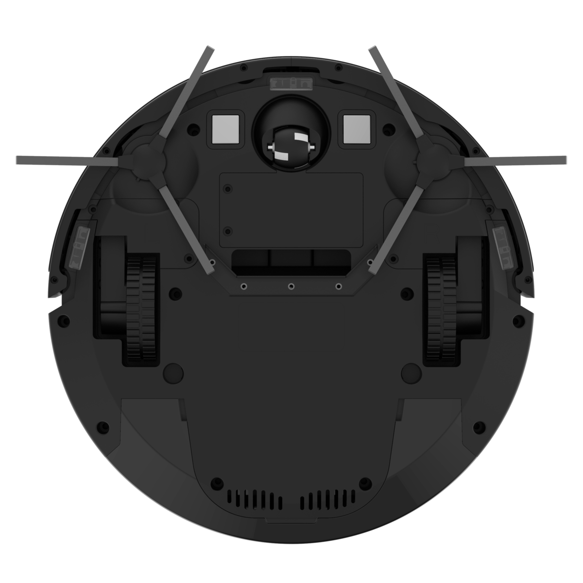 Parte inferior de un robot aspirador negro con dos cepillos, ruedas y sensores.