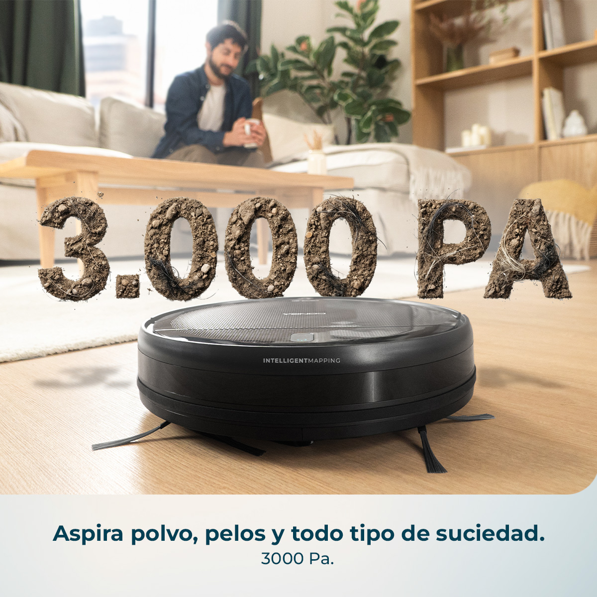 Un robot aspirador negro aspira el suelo. "3.000 PA" flota en el aire.