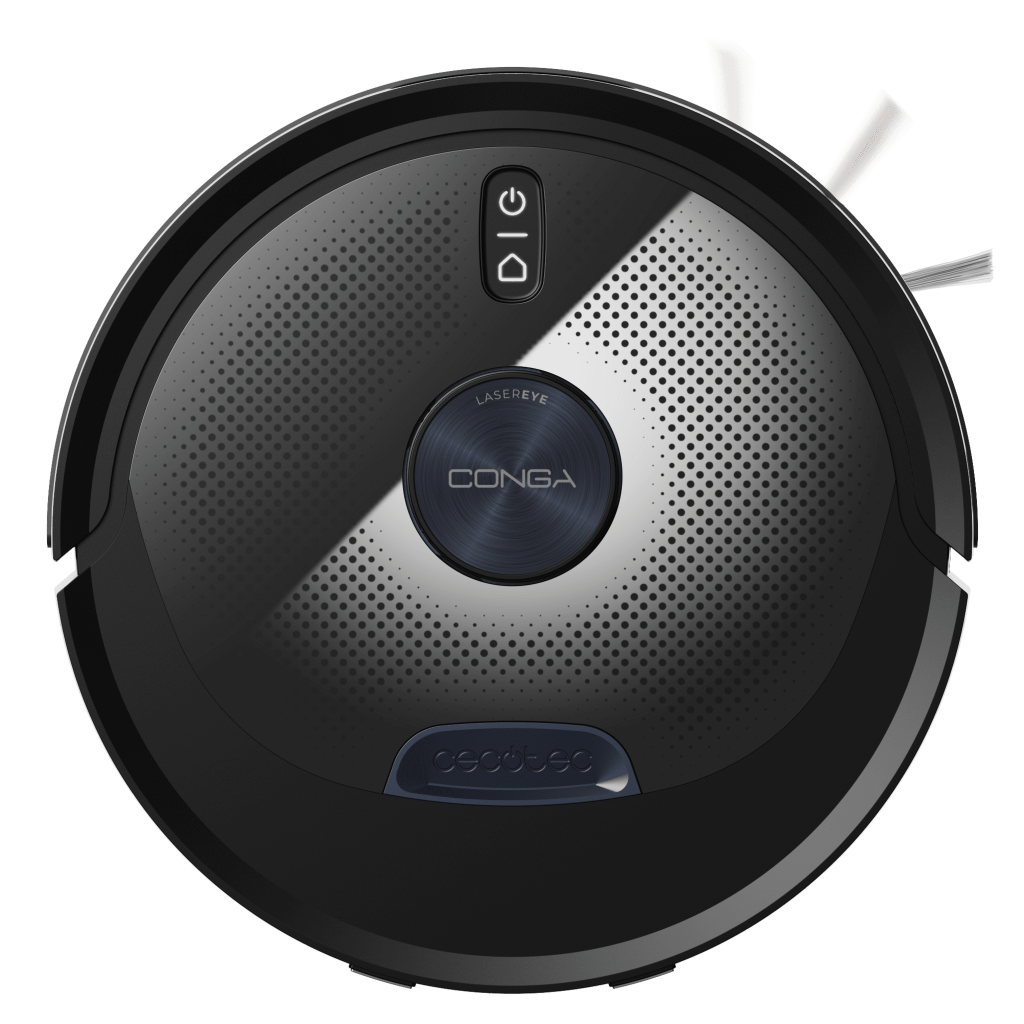 Aspirador robot negro con ojo láser y logo "CONGA", cepillo blanco.