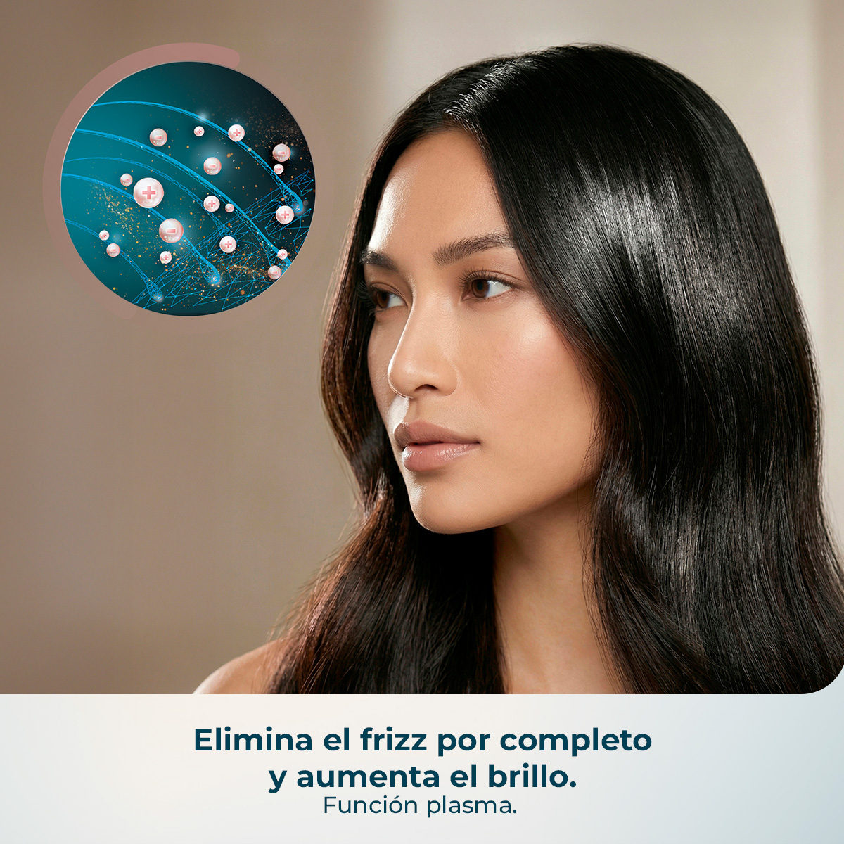 Mujer con cabello brillante, con efecto plasma animado en círculo.