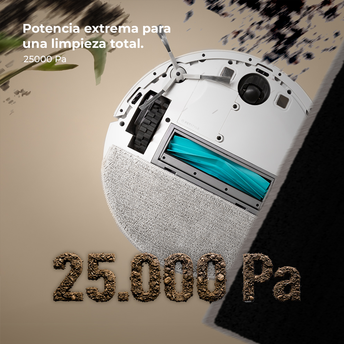 Un robot aspirador blanco con cepillo azul sobre alfombra clara, 25.000 Pa.