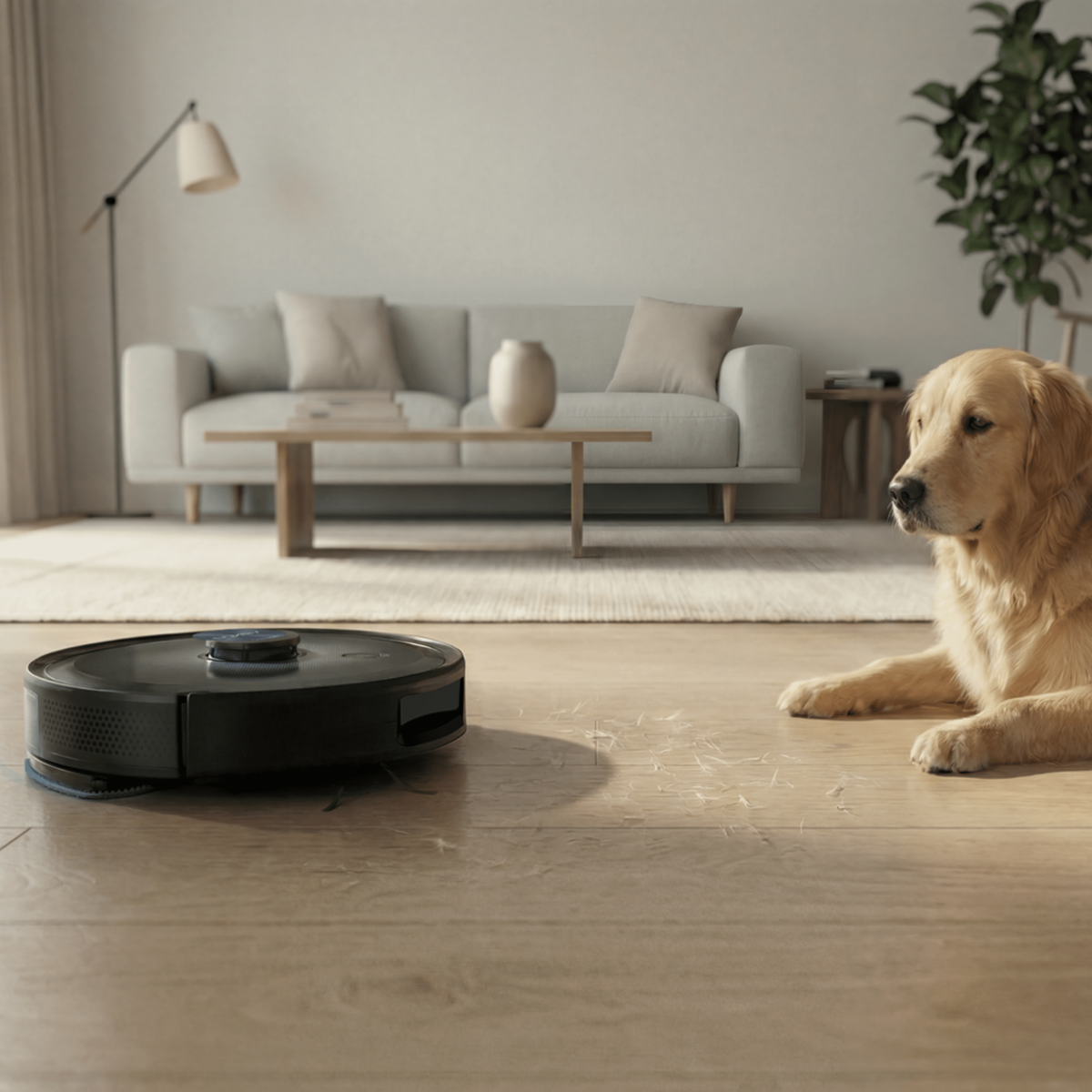 Un robot aspirador limpia un suelo de madera cerca de un golden retriever.