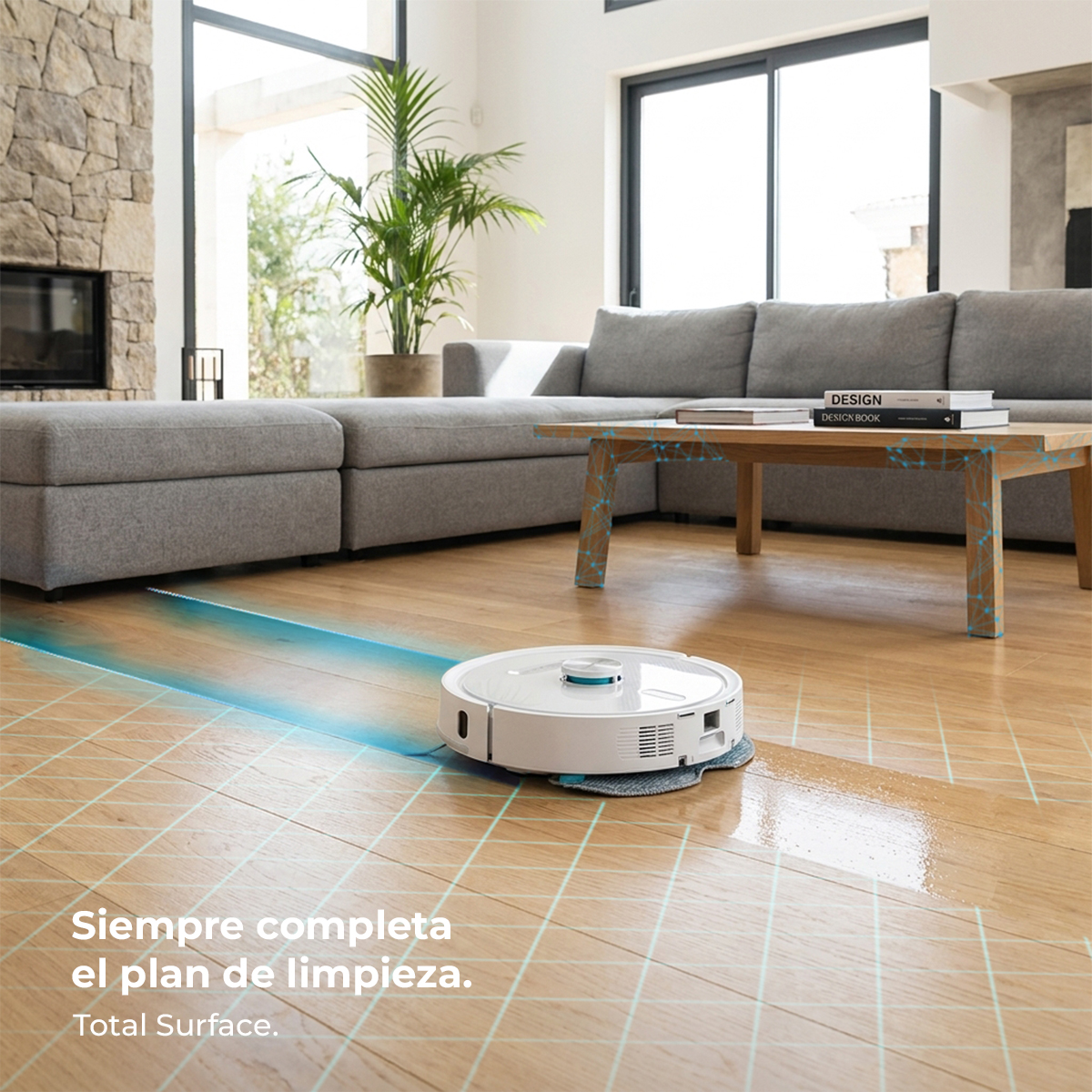 Un robot aspirador blanco limpia un suelo de madera en una sala moderna.