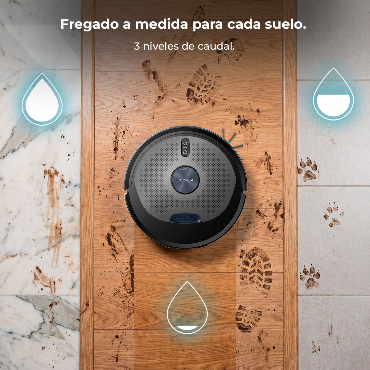 Un robot aspirador limpia suelos sucios de mármol, madera y baldosas.