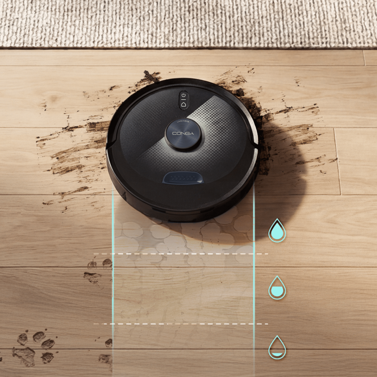 Un robot aspirador negro limpia suelos de madera sucios, con símbolos de agua.