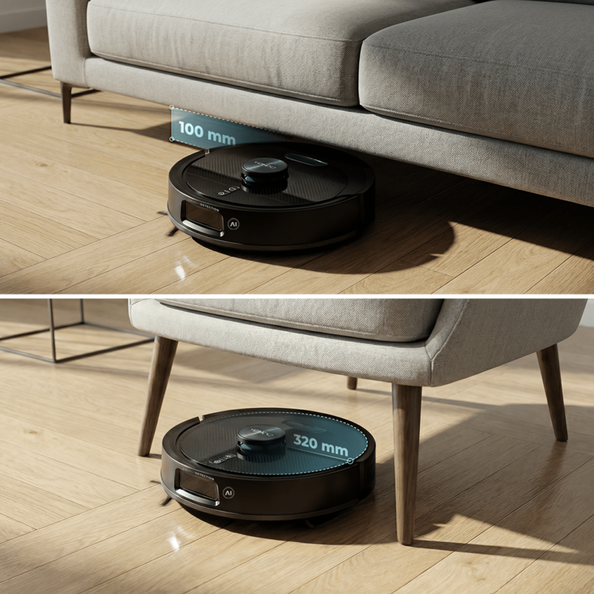 Un robot aspirador negro bajo un sofá (100 mm) y un sillón (320 mm).