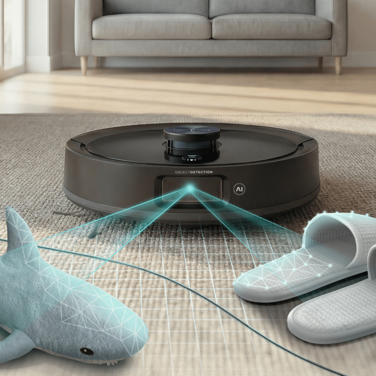 Un robot aspirador detecta un tiburón de peluche y zapatillas en una alfombra.