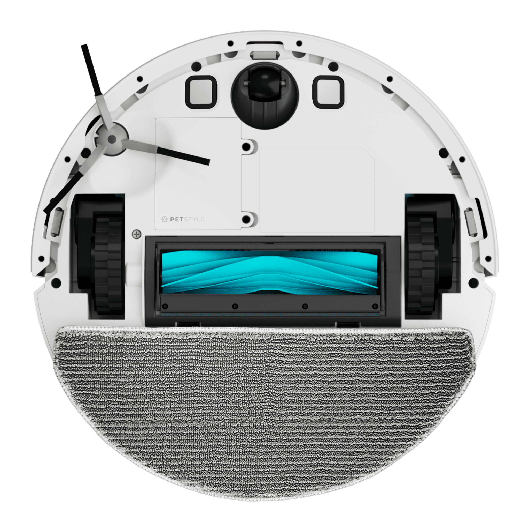 Parte inferior de un robot aspirador blanco con cepillo, ruedas y mopa.