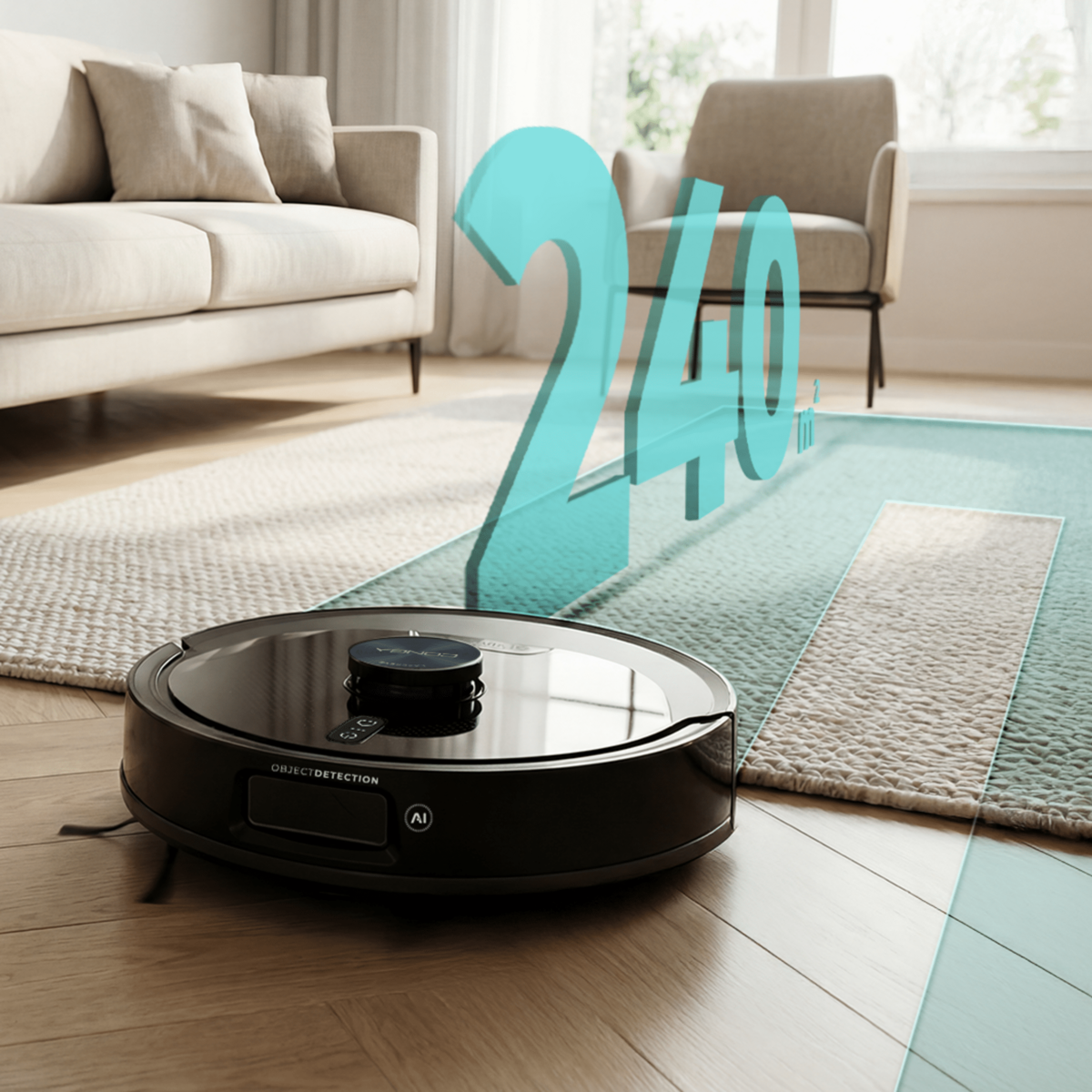 Un robot aspirador negro limpia una alfombra en una sala de estar con muebles. Números azules flotan.