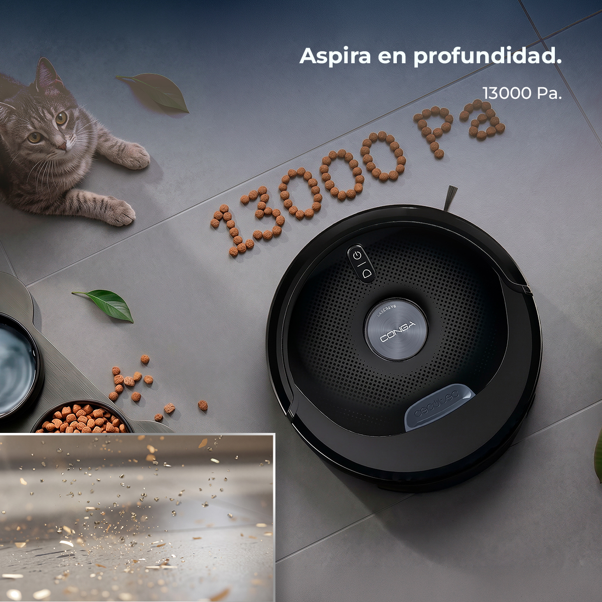 Un gato junto a un robot aspirador en suelo gris. Comida forma el número 13000.