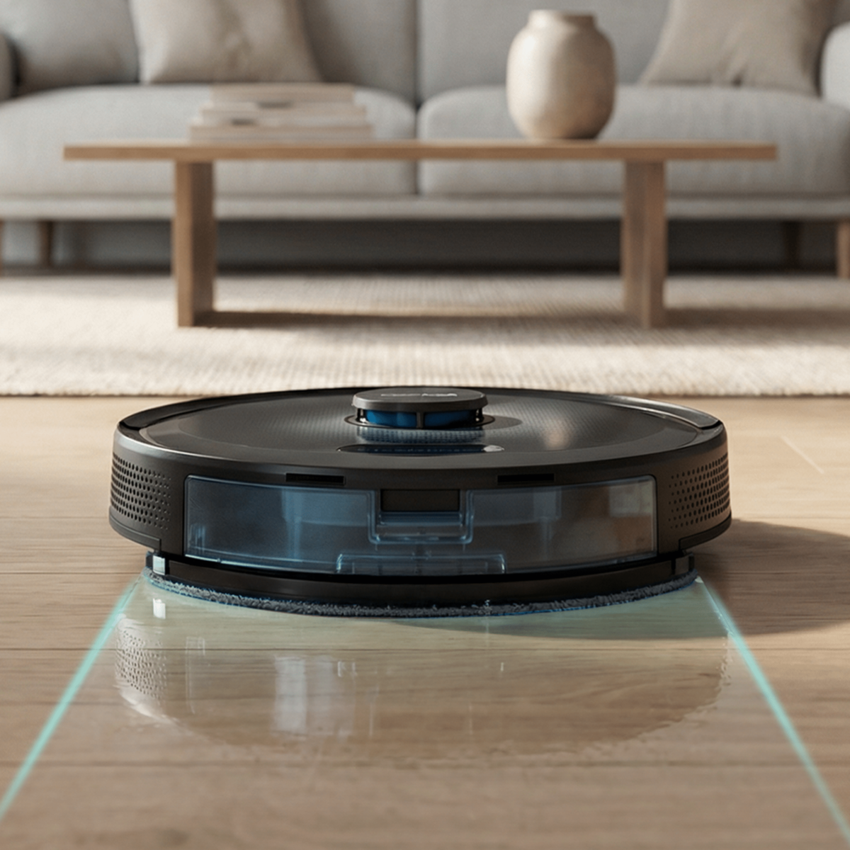 Un robot aspirador negro con depósito de agua azul sobre suelo de madera.