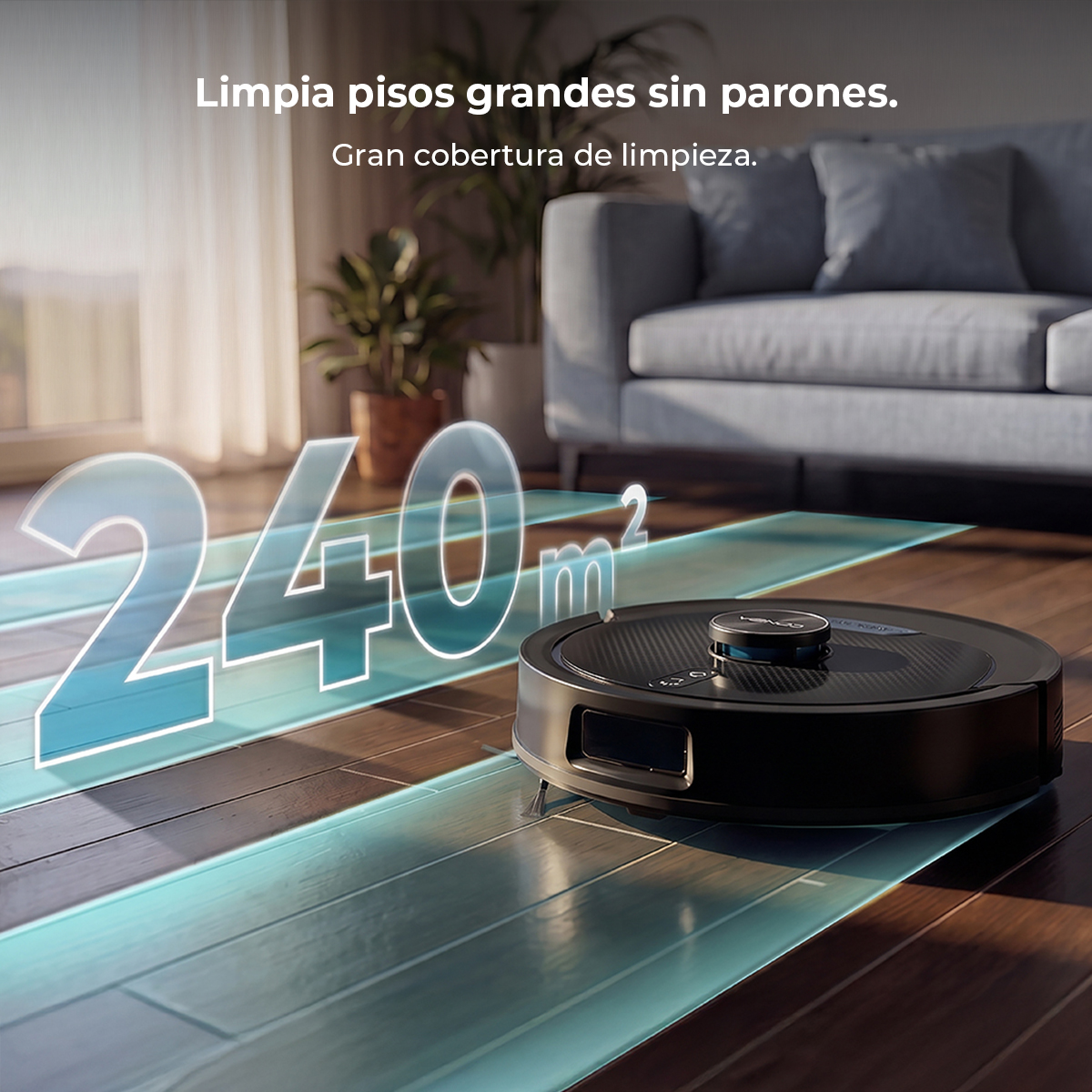 Un robot aspirador limpia un suelo de madera, mostrando 240 m².