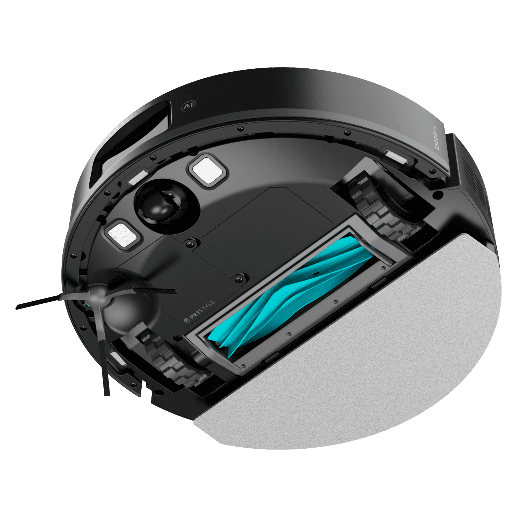 Un robot aspirador negro con rodillo de cepillo azul y base gris.