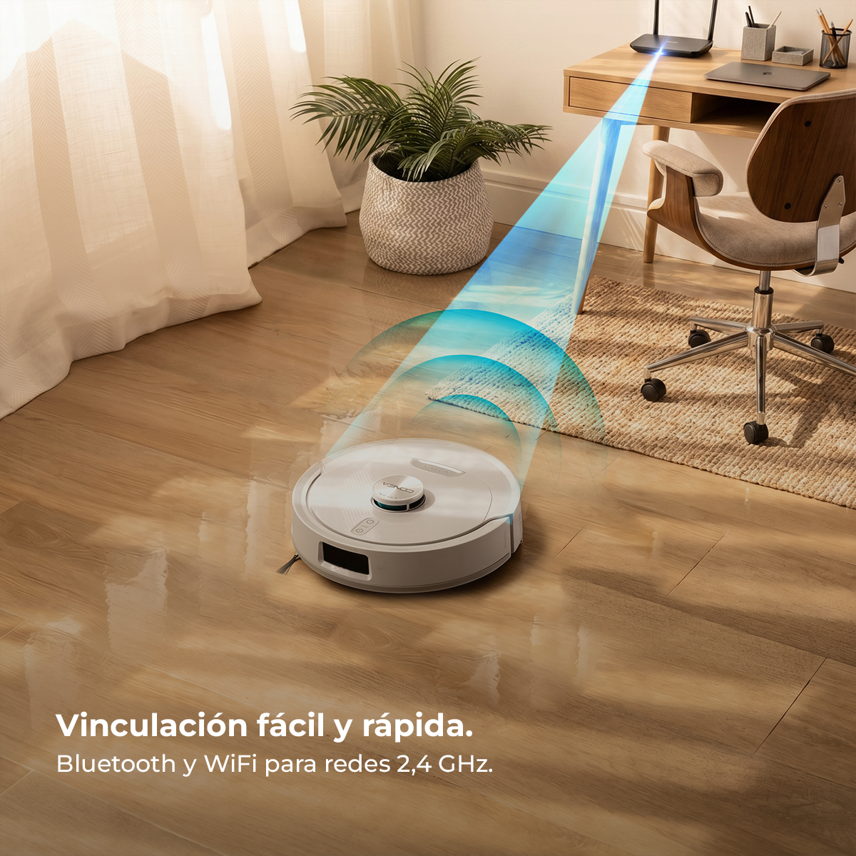 Un robot aspirador blanco limpia un suelo de madera. Ondas azules indican conexión.
