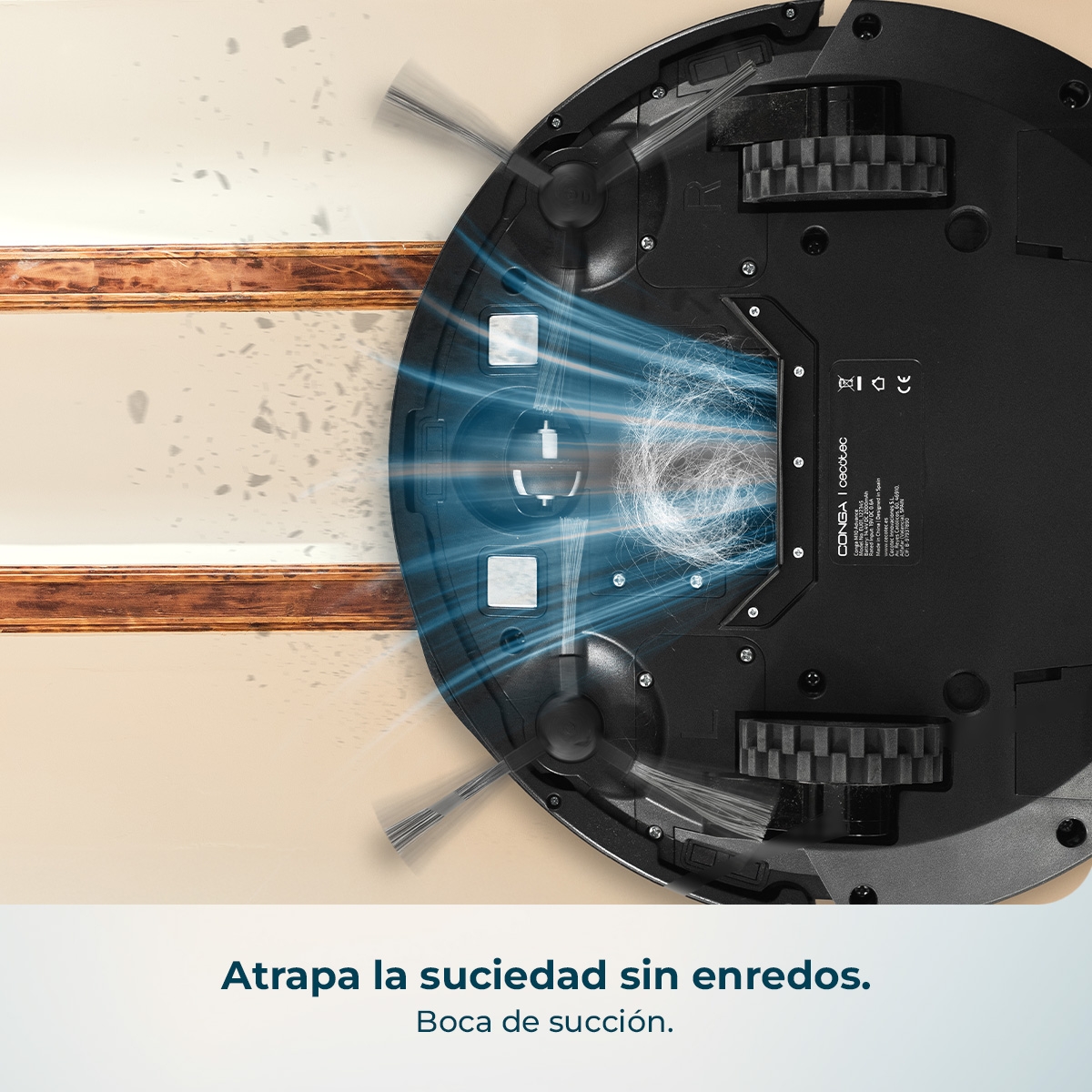 Aspirador robot succiona pelos y suciedad, con rayos de luz azul. Vista inferior.