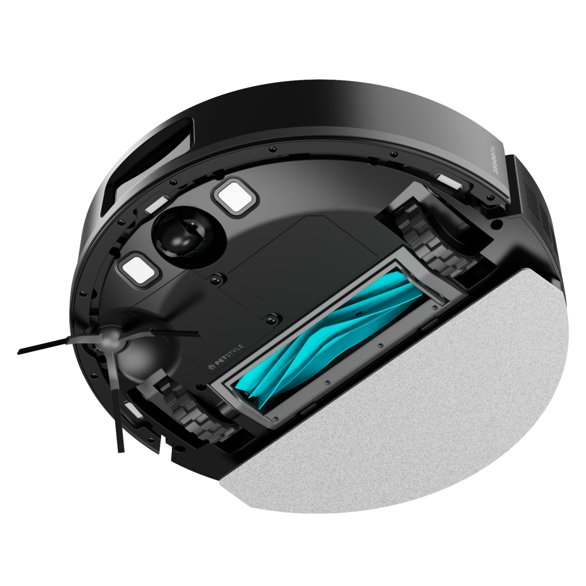 Parte inferior de un robot aspirador negro con cepillo y ruedas azules.