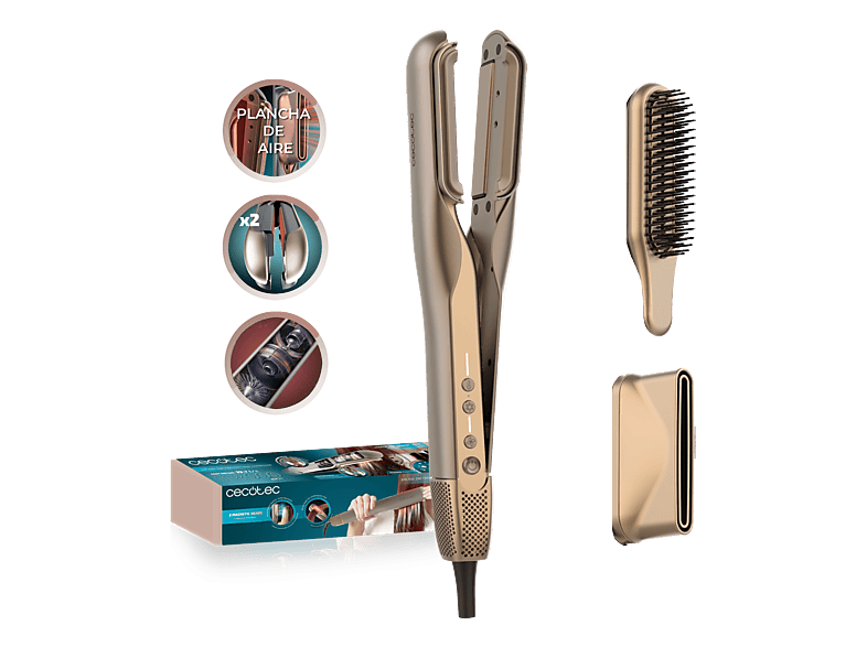 Plancha Secador - Cecotec AirLisse 2in1 ForceDry Duo, Doble placa, 3 modos, Plasma, 13 m/s 112.000 rpm, 4 temperaturas, 2 accesorios, Champagne
