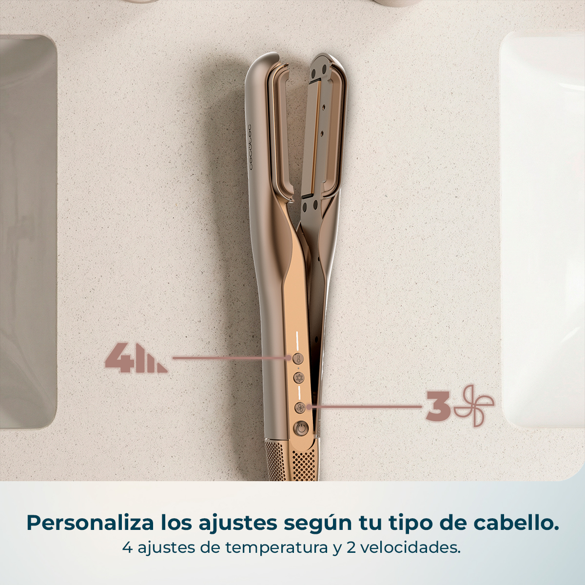 Un rizador de pelo oro rosa con botones de control e indicadores de 4 ajustes.