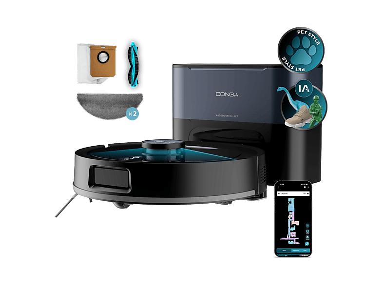 Robot friegasuelos - Cecotec Conga Y60 Dark, 13000 Pa, Hasta 200 min, 3 L, 100 días, 4 en 1, app, Bluetooth y WiFi 2,4 GHz, Negro